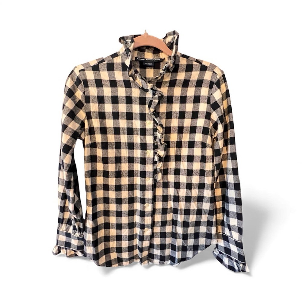 RALPH LAUREN SPORT Flannel Ruffle front Buffalo Plaid cotton Flannel Blouse Sz 6